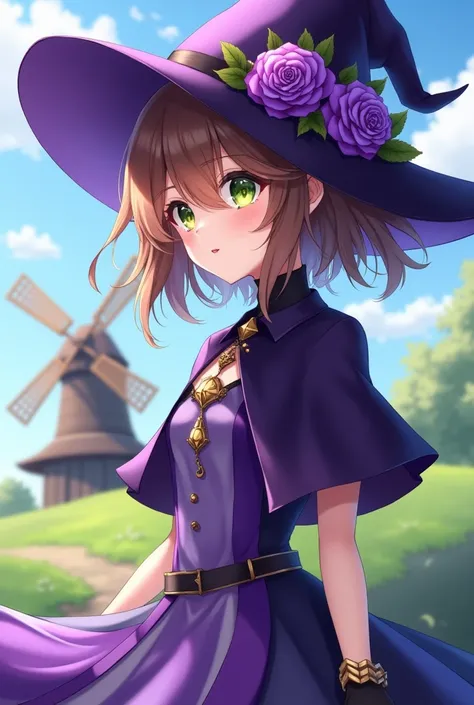 a beautiful girl, perfect face, arms at sides, masterpiece, ultra high res, high quality, 4k, upper body:1.5,  lisa (genshin impact), urple witch hat, green eyes, brown hair, (PureErosFace_V1:0.008), (european:1.6), bangs, dress, rose, jewelry, witch, cape...