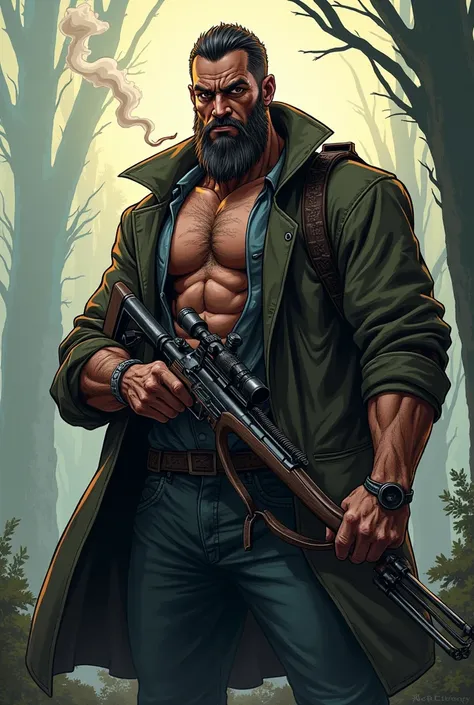 A adult age with a semi-strong build hunter with a menacing aura holding a crossbow in one hand and a cigar in the other hand in a 2D anime art style