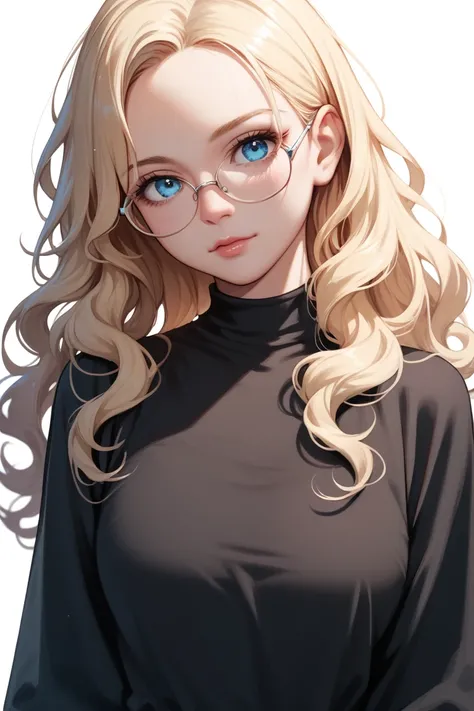 1girl, long wavy blonde hair, blue eyes, wearing plain black shirt, white background, with glasses, absurdres, high res, ultrasharp, 8K, masterpiece, looking at viewer, villain look