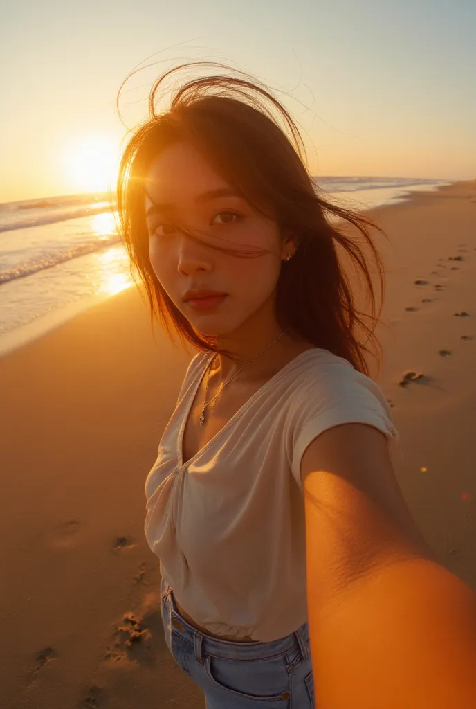 xxmix_girl,a woman takes a fisheye selfie on a beach at sunset, the wind blowing through her messy hair. the sea stretches out b...