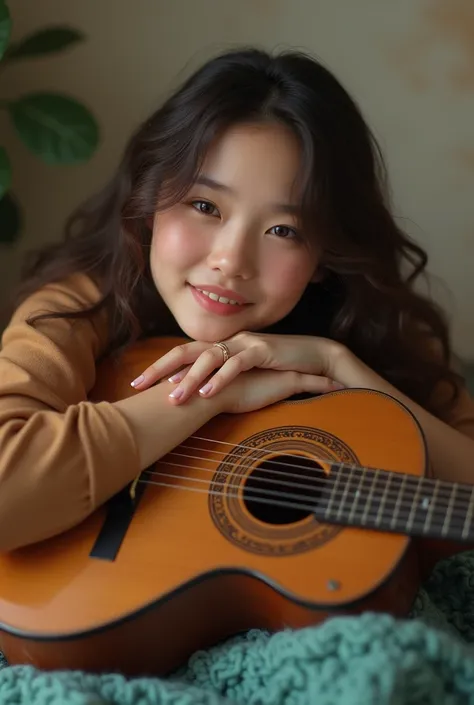  A woman with long, wavy hair rests her chin on her arms while leaning against a brown acoustic guitar. She smiles softly, wearing a brown top, with a modest ring on her hand. The background features a cozy setting with a knitted teal blanket draped beneat...