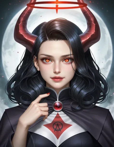 a woman with horns and red eyes with a halo around her head, demon girl, horns and red eyes, with glowing red eyes, glowing red eyes, with red glowing eyes, portrait of demon girl, red glowing eyes, with burning red eyes, with a red halo over her head, wit...