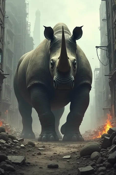 A big rhinoceros background in the destroy city 