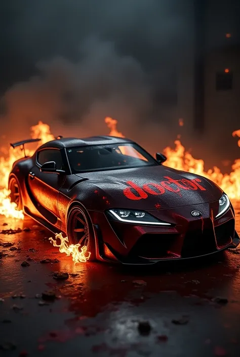 Supra black colour car with blood shed design on it which is covered with fire and on it is written"DOCTOR"