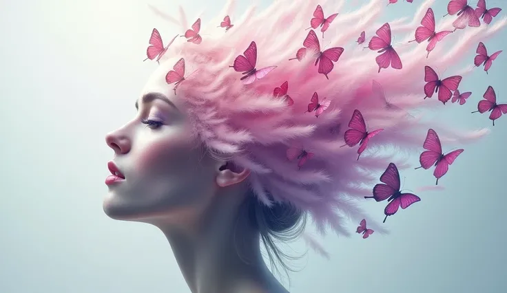  A womans face completely disintegrates from behind into small feathers and pink and purple butterflies. The background is neutral .  The face is located on the left of the image . All the way to the left. 