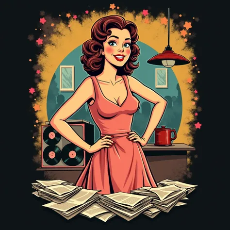 black background retro mix modern photo poster-style art t-shirt design featuring a vintage-styled woman wearing vintage discreet elegant dress and styled with bright red lipstick,such as hair curlers and a warm,friendly smile,in a playful,confident pose w...