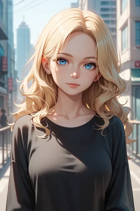 1girl, long wavy blonde hair, blue eyes, wearing plain black shirt, city, absurdres, high res, ultrasharp, 8K, masterpiece, looking at viewer, villain look