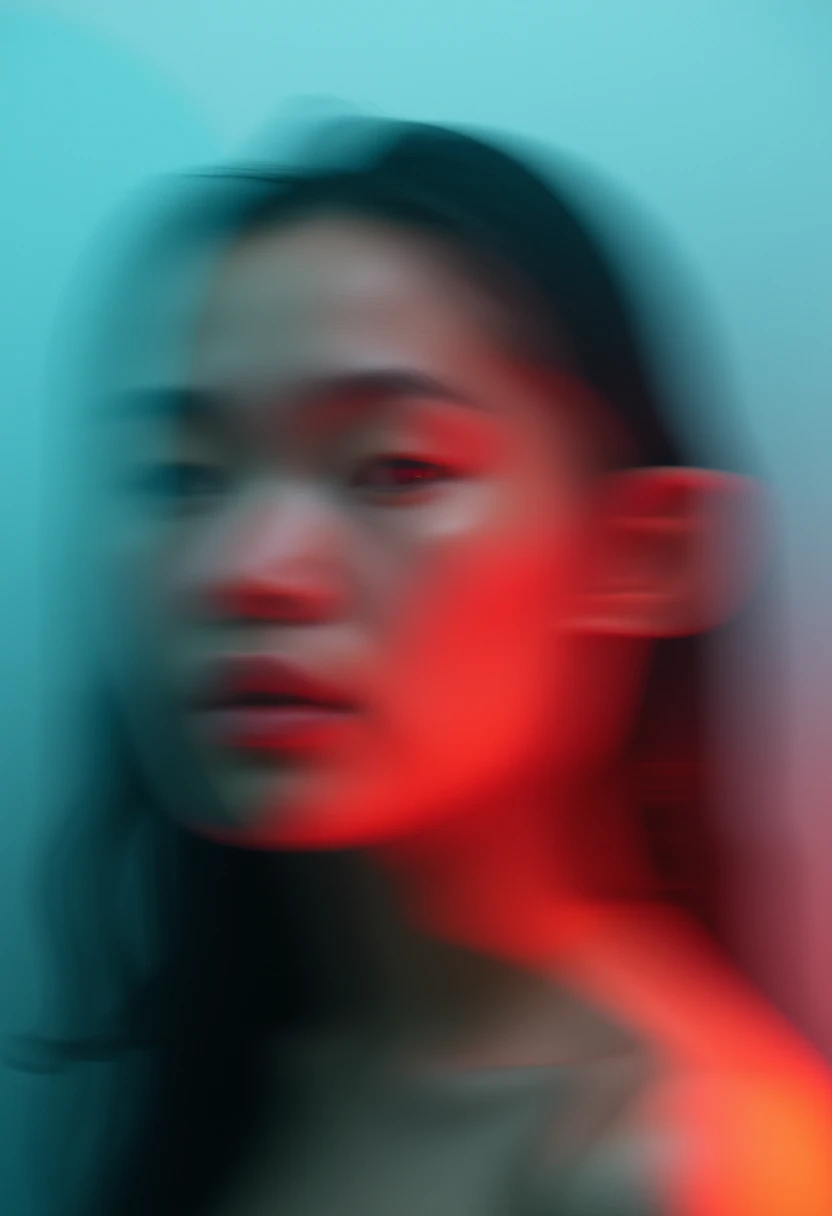 The image is a digital artwork featuring a blurred, abstract portrait of a woman with a striking, surreal aesthetic. The background transitions smoothly from a cool, icy blue at the top to a warm, fiery red at the bottom, creating a gradient effect. The wo...