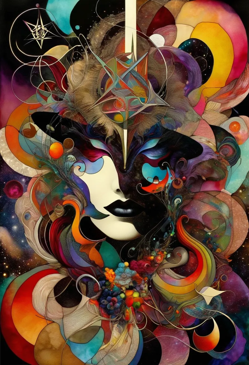 Create an abstract creative arts design using a collage technique inspired by the art of Moebius that reflects the dichotomy of materialism and idealism, sadism and masochism. Satanism elements of dark thoughts colliding  with whimsical color movments and ...