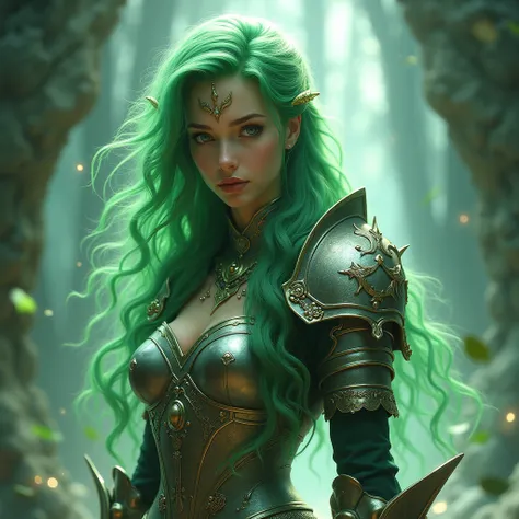 Im wearing armor
green hair
The face is beautiful and well-groomed
Wrapped in sparkling light
I have a sword