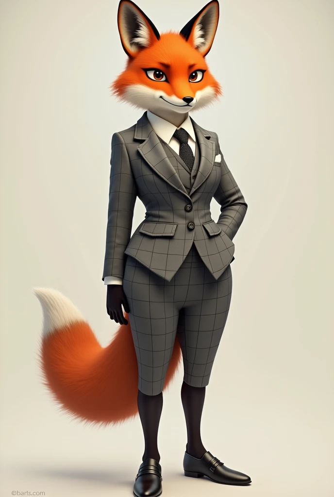 masterpiece,  best quality , fox, 1 ******, skirt suit, ((( three-piece suit ))), gray checkered suit, gravata, vest, tight skirt, short, shortstack, tail, bushy tail,  Big breasts 