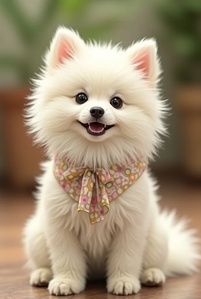 A cute white Samoyed dog is wearing a cute dog costume