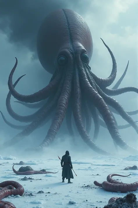 a very large giant squid emits black ink and there is a lot of intestinal vomit on the Antarctic ice, it looks like it is broken, there is a person carrying an arrow