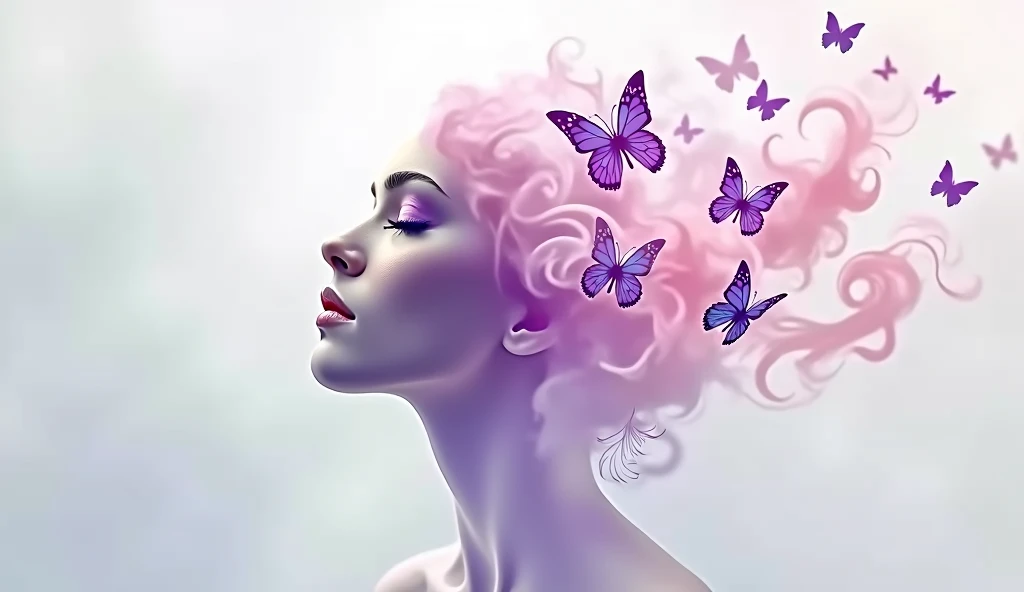 A womans face completely disintegrates from behind into small swirls of pink smoke and purple butterflies. The background is neutral .  The face is located on the left of the image . Style minimaliste. 