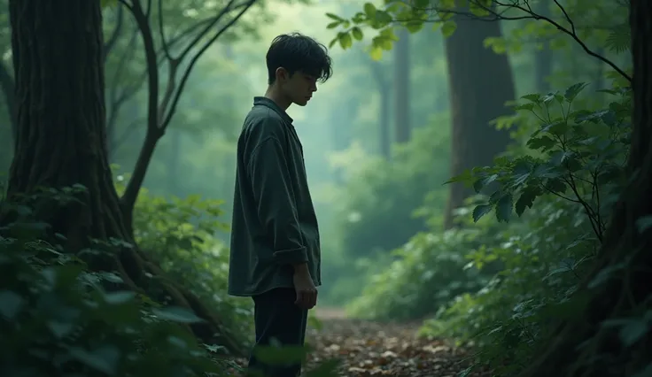 Young man in forest sad background 