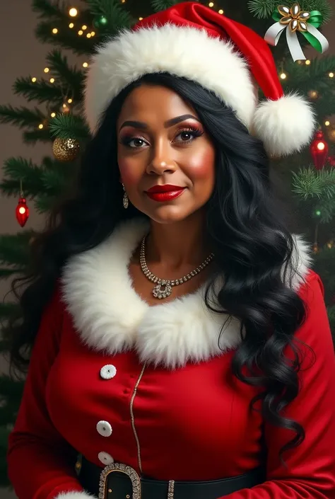  Christmas Beautiful black Mrs Santa Claus, aged 75, red dress with fur and a hat, long black hair soft long curls, red and black makeup, red pouty lips, highly detailed, Christmas, decorations, white ribbons, green bows,Christmas tree, airbrush oil painti...