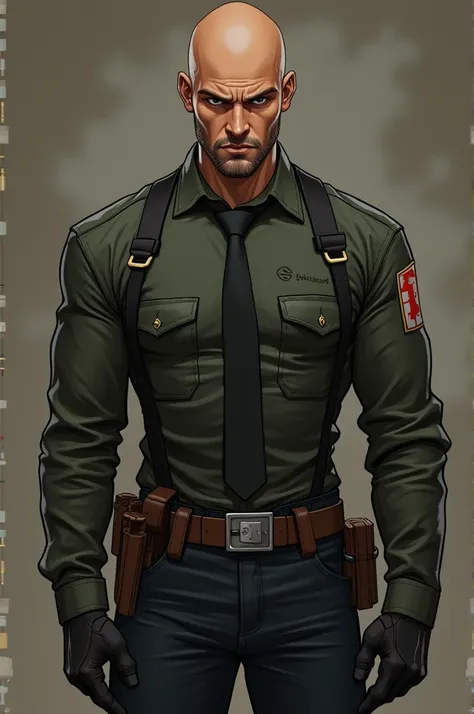 An adult hunter with a toned body build like Heisenberg from Resident evil in a 2D anime artstyle