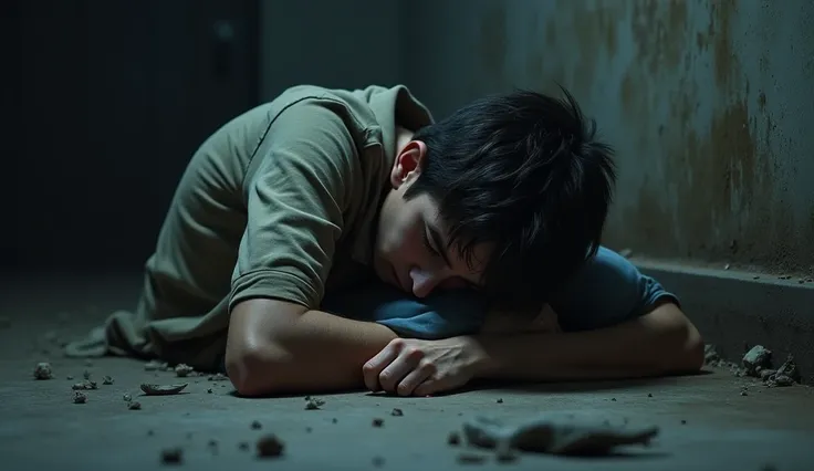 A teenager boy lying down and crying hardly