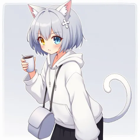 Gray Hair、 only the inside of the hair blue 、 only the inside of the hair blue 、 girl、cute、snow、Small breasts、A Cup、 yellow and blue odd-eye 、 short hair、Quiet、White bag 、White hoodie、accessory with a cross under the ear、 black miniskirt 、cocoa、Belly butto...