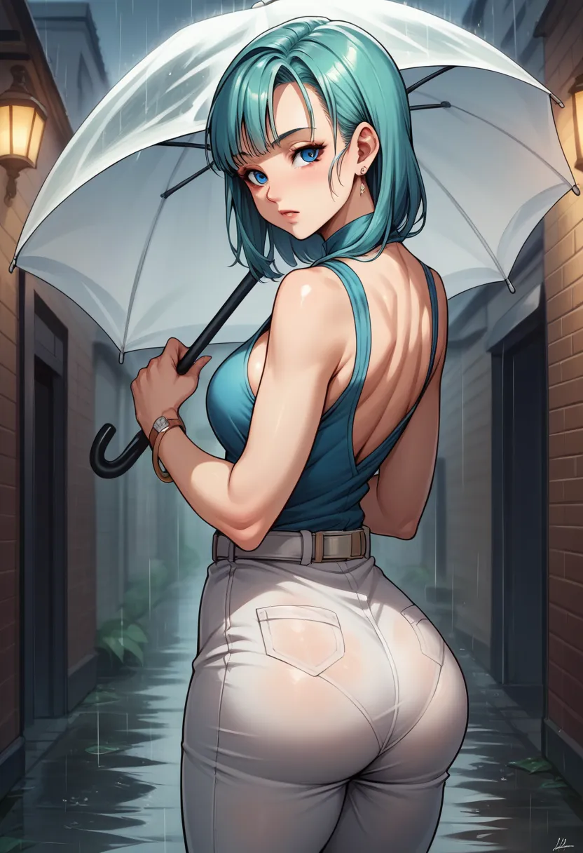 score_9, score_8_up, score_7_up, break, score_9, bulma \(dragonball\), aqua hair, blue eyes, holding a umbrella, aged_up, bracel...