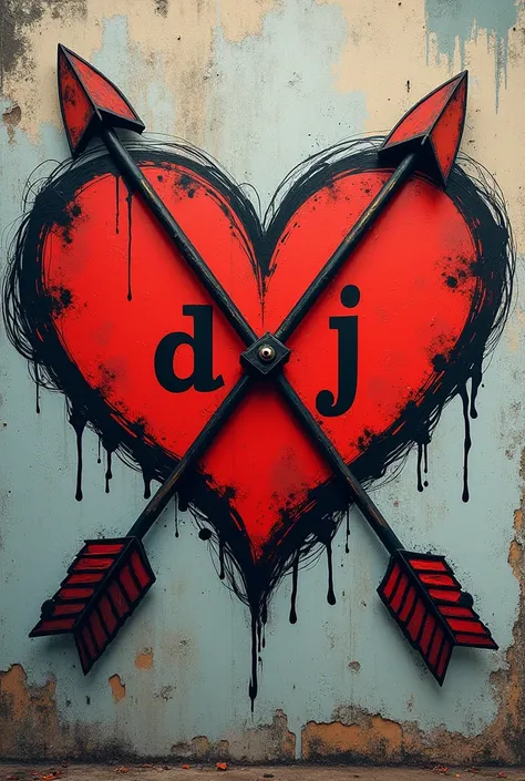  Create graffiti on a wall , Only the border of the heart with an arrow crossed on it and written inside D + J 