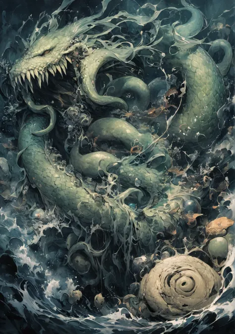 big snake、deep sea,dark、 horrible、Cthulhu、Whole body