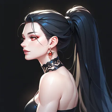 female black top with bare shoulders and racerback, bare toned arms, beautiful faces, black haired long ponytail with showing forehead, earrings, soft smooth skin, pale skin, black background, red eyes, sci-fi