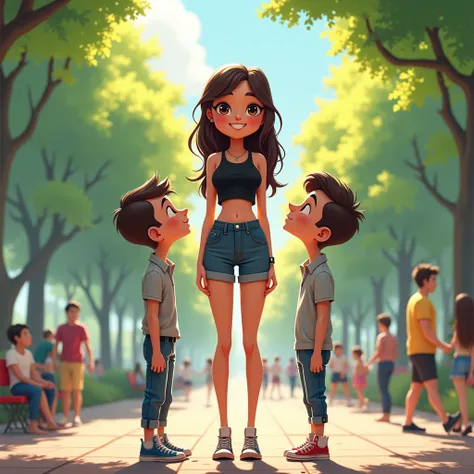 A whimsical and amusing scene featuring a tall, confident girl standing in the center, with her two short boyfriends on either side. They are both wearing casual outfits and attempting to reach her height by tip-toeing. Despite their efforts, they are stil...