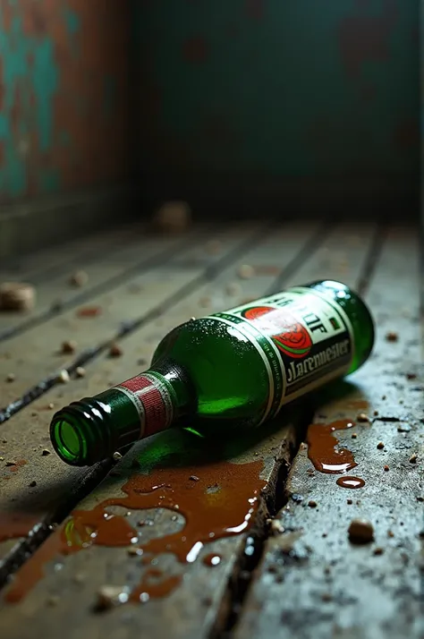 Create me a realistic image of broken bottle of a Jagermister on a floor. The image should be realistic and the alcohol should be spilled on floor