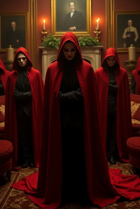  meeting in a luxury mansion of people wearing masks in the style of the movie  "eyes Wide shut" with red capes and masks that cover the entire face of some people or half a face .  There are many people as if a satanic ritual were to be produced .  They a...