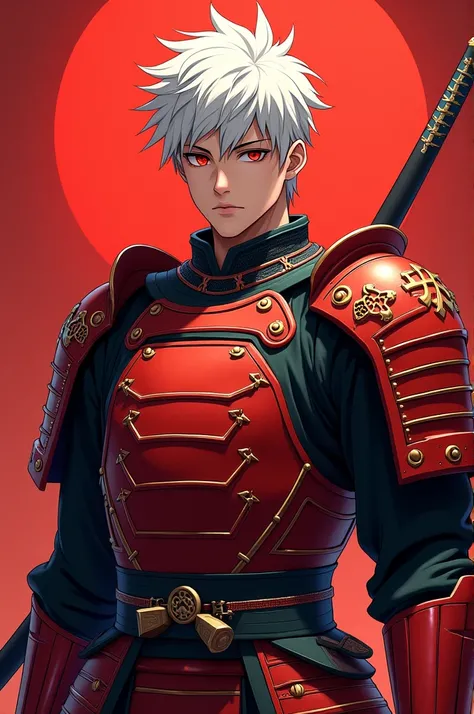 Create me a 16-year-old boy named Ken with short white hair and red eyes with a serious face and in red samurai anime armor 