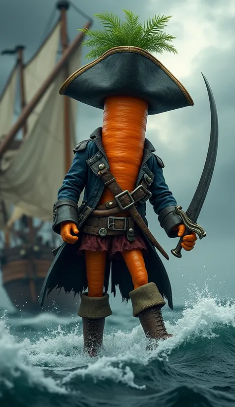 Carrot Pirate: "A human-like carrot standing on a pirate ship, dressed in a pirate captains hat, coat, and boots. The carrots bright orange body has arms and legs, holding a cutlass. The ship sails through a stormy sea with dark clouds in the background."