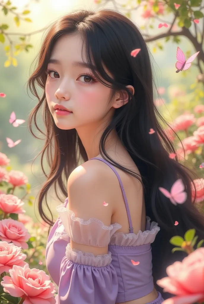 masterpiece, hyper quality, insane details, Dazzling sunlight, intricate details, ultra detailed, realistic:1.5, Vivid Colors, a sweet face, shoulder, Long wavy hair, Sitting, Floating pink petals, Flowing silk, Light purple with black hair, Long eyelashes...