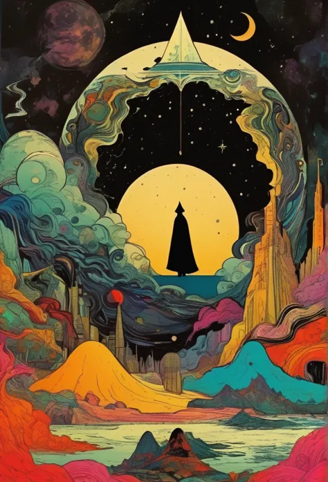 Create an abstract creative arts design using a collage technique inspired by the art of Moebius that reflects the dichotomy of materialism and idealism, sadism and masochism. Satanism elements of dark thoughts colliding  with whimsical color movments and ...