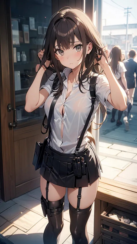 Brown hair、watching at viewers　　　black suspenders　　　Bulging big breasts　　 　 　　　walls: 　Black miniskirt　garters　　　　　　Gaze　　　Small face　bangss 　　　holster　　　Beautuful Women　　hands up　　レッグholster ベッドに横たわる　　Gaze 　black boots panty shot　provocation　flank　flank汗　...