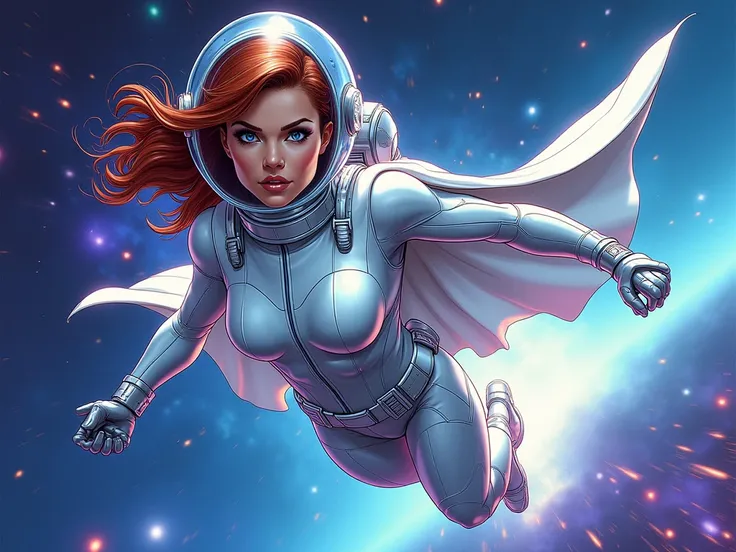 A dynamic, action-packed full-body shot of a powerful female superhero, rendered in a vibrant, graphic comic book art style with bold lines, vivid textures, and subtle digital glows, as she soars through the cosmos against a deep blue and purple nebula bac...