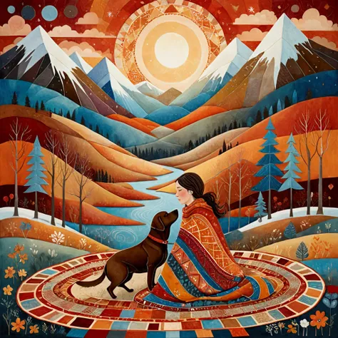 An illustration in the artistic manner of Laurel Burch, Sophie Wilkins, with skillfully dosed warm and cool colors, multicolored abstract bucolic landscapes, reminiscent of Golden Age illustrations, exuding sweet lyricism and romance. In a forest clearing ...