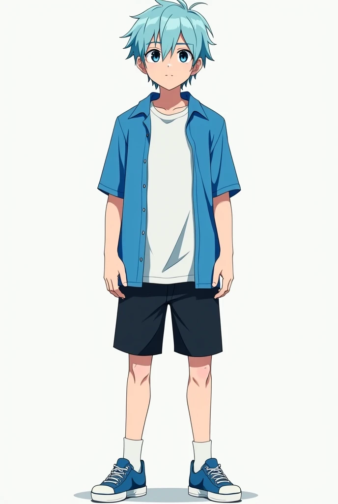 young man in his early 20s、Has saggy eyes 、 bright light blue hair 、 has short hair with raised bangs in the middle 、 slightly blue, black eyes 、 looks like shes not interested in anything 、 wears a white short-sleeved T-shirt 、Im wearing a bright blue sho...