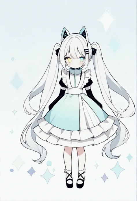 Create an anime-style character with long black twin ponytails, each adorned with white hair clips resembling ears. The character has heterochromatic eyes: one blue and one yellow. They are dressed in a light blue, futuristic outfit with a high collar, whi...