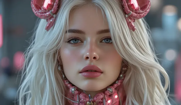 A female android with futuristic cybernetic outfit, beautiful humanoid face, intricate machinery, glowing lights, neon colors, cyberpunk, highly detailed, cinematic lighting, dramatic, photorealistic, 8k, masterpiece