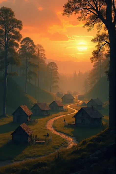 **The Village at Dusk**
   - A small village with houses scattered across a field, surrounded by tall trees and a fading orange sky. The village appears peaceful, but theres an eerie stillness as night falls.