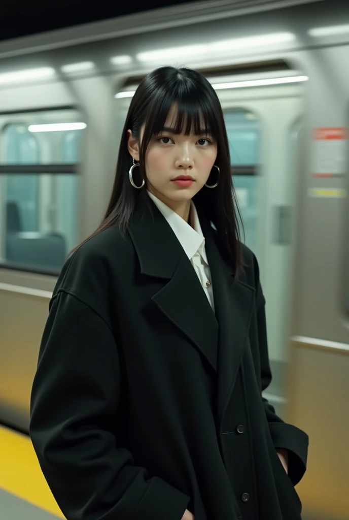 (Blunt bangs, Princess Bang))), (((Very heavy,Voluminous bangs:1.1))),(((very long, Very heavy,Very voluminous side locks:1.1))),, hime cut, Straight bangs hairstyle, People with round faces and plain bangs, dull with long black hair、Bangs cut straight,))H...