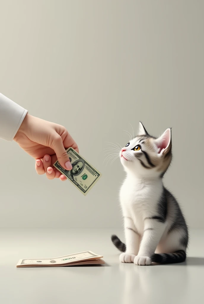 A hand gives money to the seller and next to it is a white-gray kitten 