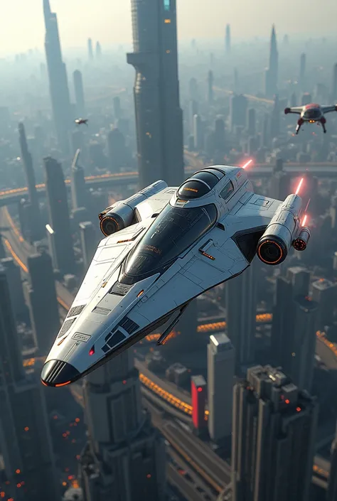 Spaceship flies over a city 