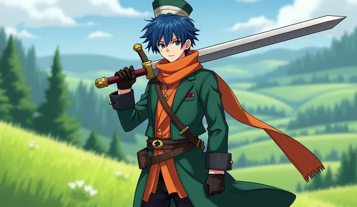  has blue hair and a calm expression 。Realistic、8k、 wears a long green coat 、 wears an orange scarf around his neck 。 fastens his belt over his coat 、 wears black gloves in one hand 。 wears a long green and white hat 、 wears a large sword over his shoulder...