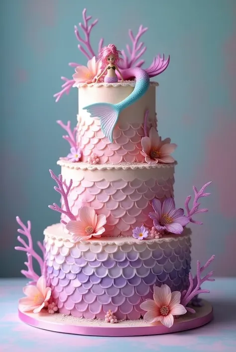 Gâteau d’anniversaire dégradé de couleur sirène rose violet avec des écailles des coquillages , une queue de sirène, des fleurs de Tahiti rose avec stitch en fille 