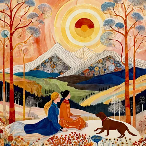 An illustration in the artistic manner of Laurel Burch, Sophie Wilkins, Hilma AF Klint, with skillfully dosed warm and cool colors, multicolored abstract bucolic landscapes, reminiscent of Golden Age illustrations, exuding sweet lyricism and romance. In a ...