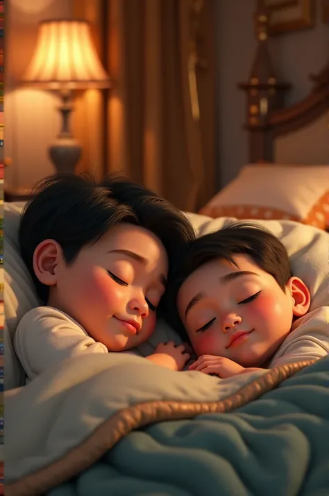 Boys Lying on Their Right Sides in Bed, disney pixar style, in a lavish room 