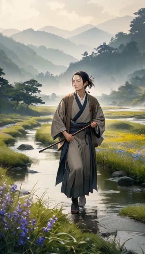 A realistic depiction of Matsuo Basho, the famous Japanese poet, walking along a serene countryside path during his journey. He is dressed in traditional Edo-period travel attire, holding a walking stick, with a calm and thoughtful expression. The path is ...