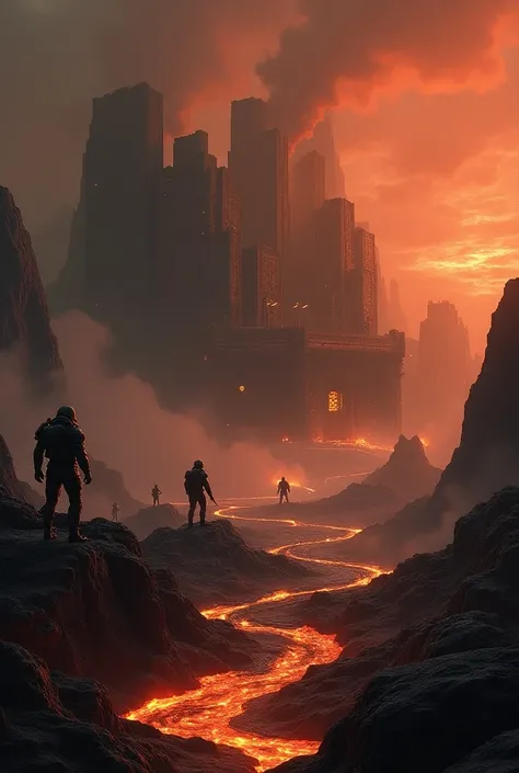 A volcanic, baronned wasteland with futuristic human fortress on a rocky terrain filled with lava with black and orange sky and human soldiers defending against bug-like creatures